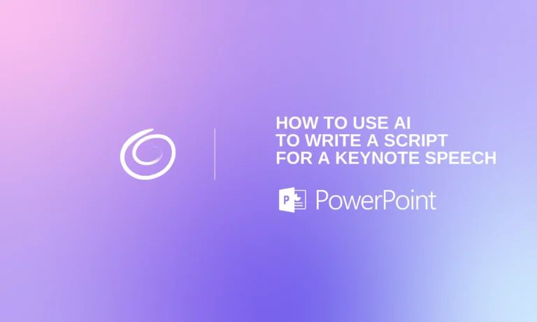 Gradient purple background with white swirl logo and text "How to use AI to write a script for a keynote speech" and PowerPoint icon.