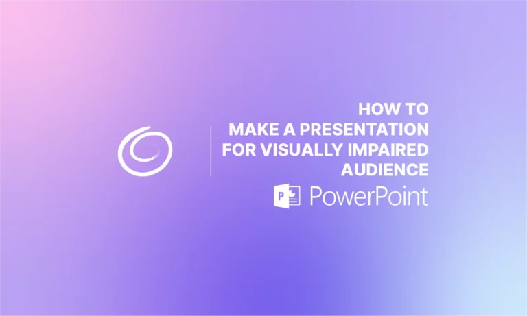 Gradient purple background with white text "How to make a presentation for visually impaired audience" and PowerPoint logo.