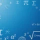 Blue background with white mathematical symbols, equations, and geometric shapes.