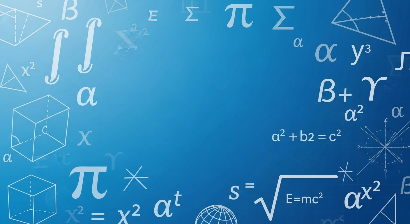 Blue background with white mathematical symbols, equations, and geometric shapes.
