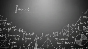 Blackboard with white mathematical formulas, geometric shapes, and trigonometric equations.