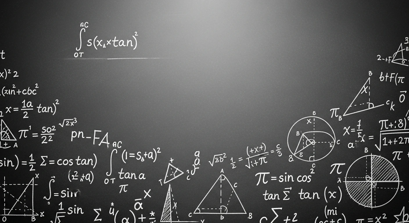 Blackboard with white mathematical formulas, geometric shapes, and trigonometric equations.