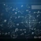 Mathematical equations, geometric shapes, and graphs on a blue gradient background.