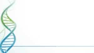 Illustration of a green and blue DNA double helix on a white background with a horizontal blue line.