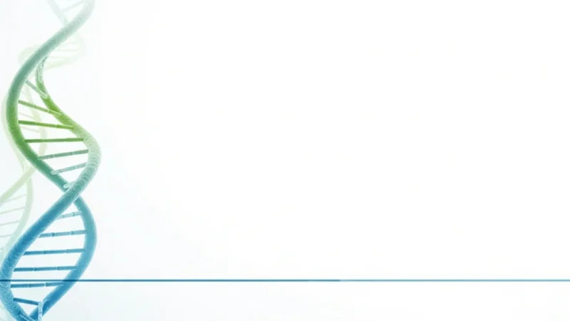 medical powerpoint background 1 Illustration of a green and blue DNA double helix on a white background with a horizontal blue line.