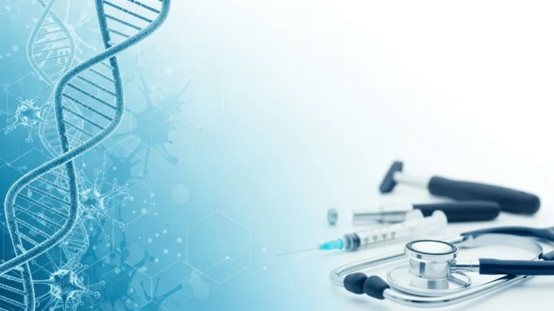 medical powerpoint background 3 Blue DNA helix on left with medical tools including stethoscope and syringe on right.