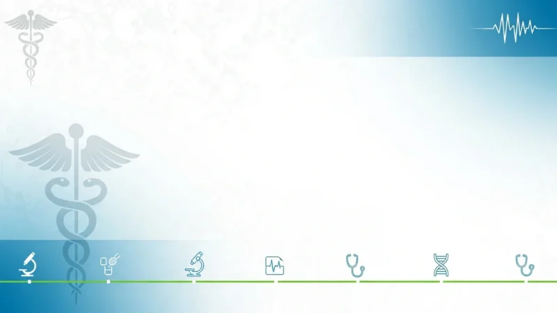 Medical background with caduceus symbol, microscope, DNA, stethoscope, and ECG icons.