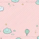 Pastel pink background with smiling blue clouds, colorful hot air balloons, and stars.
