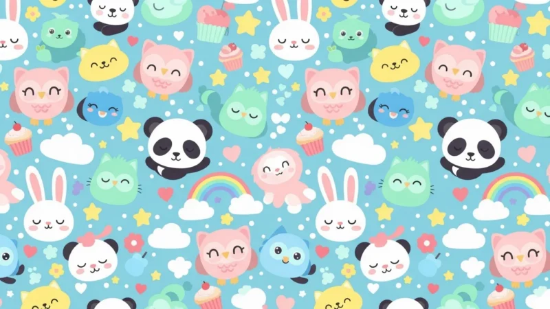 Pattern of pastel-colored cartoon animals including pandas, owls, rabbits, cats, and birds on blue background.
