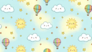Pattern featuring smiling suns, clouds, stars, and multicolored hot air balloons on a light blue background.
