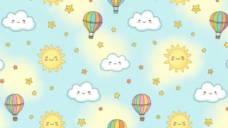 Pattern featuring smiling suns, clouds, stars, and multicolored hot air balloons on a light blue background.