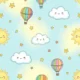 Pattern featuring smiling suns, clouds, stars, and multicolored hot air balloons on a light blue background.
