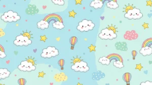 Seamless pattern with smiling clouds, rainbows, suns, stars, hot air balloons, and colorful hearts.