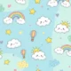 Seamless pattern with smiling clouds, rainbows, suns, stars, hot air balloons, and colorful hearts.
