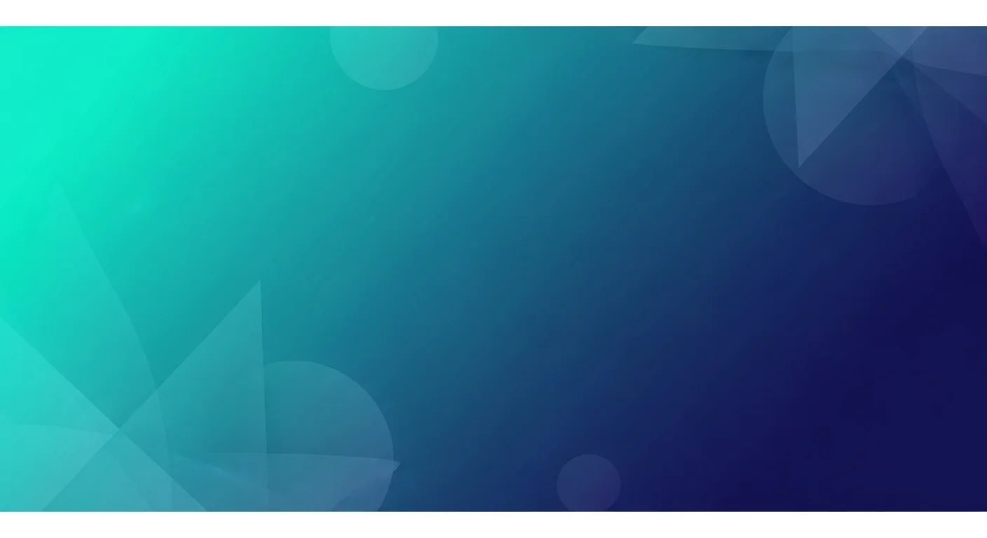 Abstract geometric background with gradient teal to navy blue and translucent shapes.