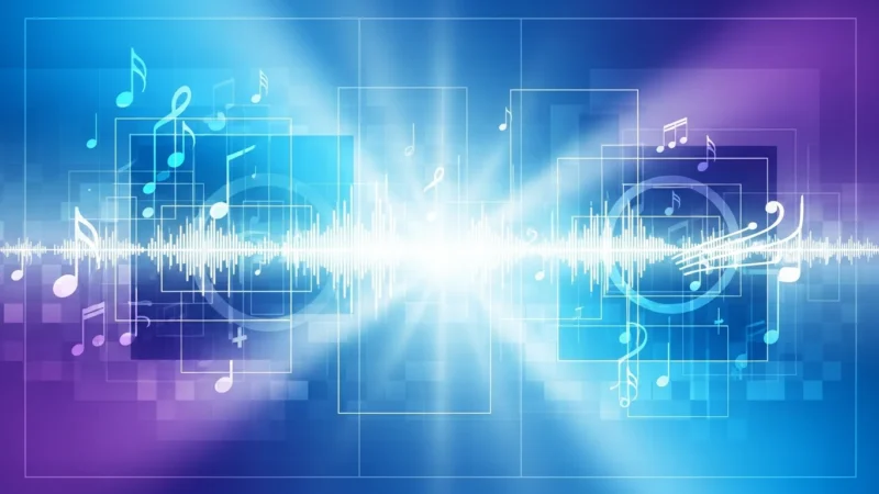 Abstract digital background with white soundwave and floating music notes on blue and purple gradient.