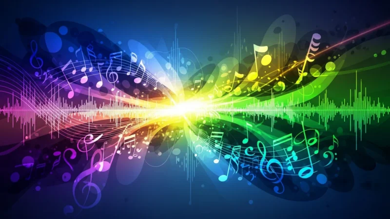 Abstract colorful musical notes and sound waves radiating from a bright central light.