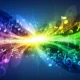 Abstract colorful musical notes and sound waves radiating from a bright central light.