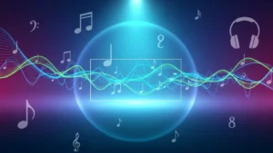 Abstract digital background with colorful sound waves, musical notes, and headphones icon.