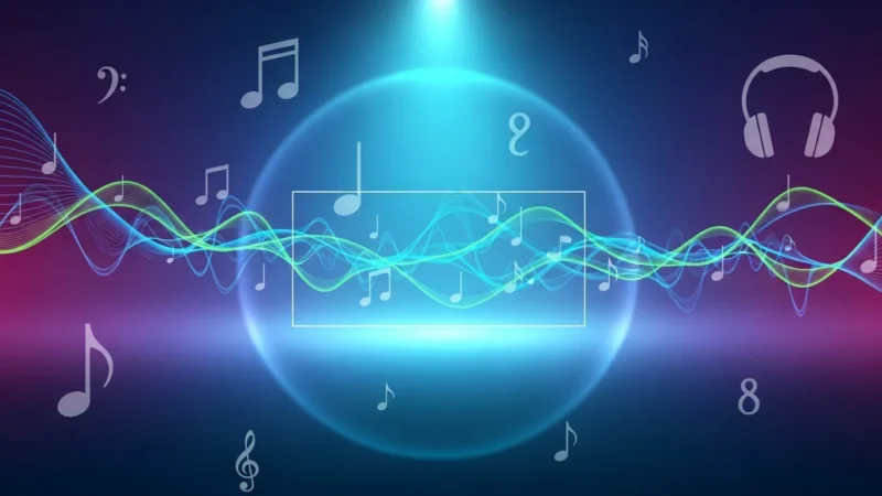 Abstract digital background with colorful sound waves, musical notes, and headphones icon.