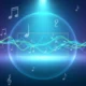 Abstract digital background with colorful sound waves, musical notes, and headphones icon.