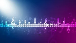 Abstract digital equalizer with floating musical notes and treble clefs in blue and purple gradient.