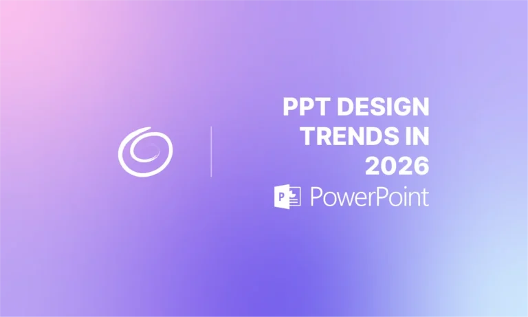 Gradient purple and pink background with white text "PPT Design Trends in 2026" and PowerPoint logo.