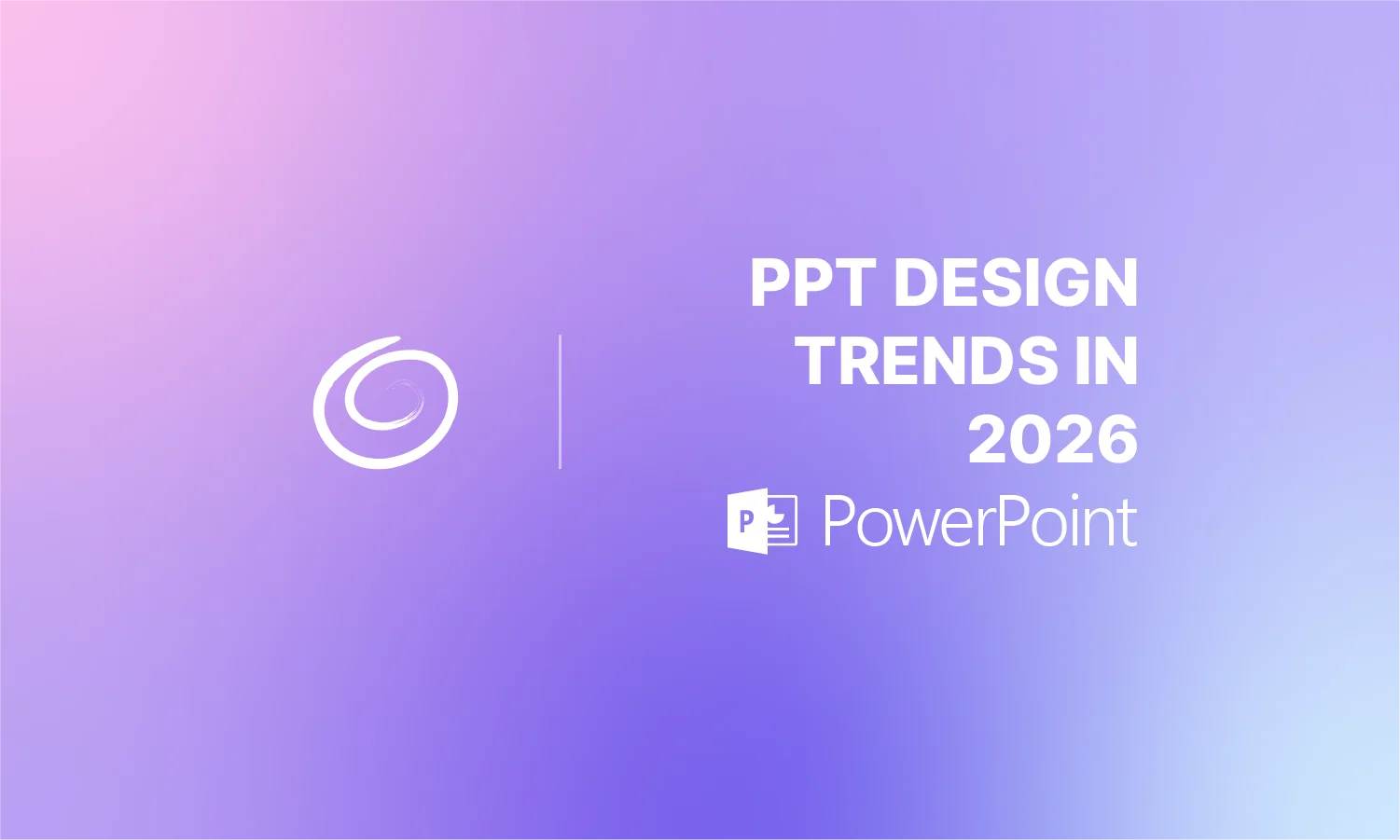 Gradient purple and pink background with white text "PPT Design Trends in 2026" and PowerPoint logo.
