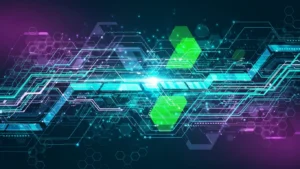 Abstract digital technology background with interconnected glowing hexagons and circuit lines in blue, green, and purple.