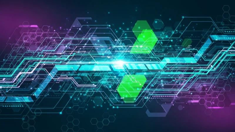 powerpoint technology background 1 Abstract digital technology background with interconnected glowing hexagons and circuit lines in blue, green, and purple.