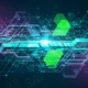 Abstract digital technology background with interconnected glowing hexagons and circuit lines in blue, green, and purple.