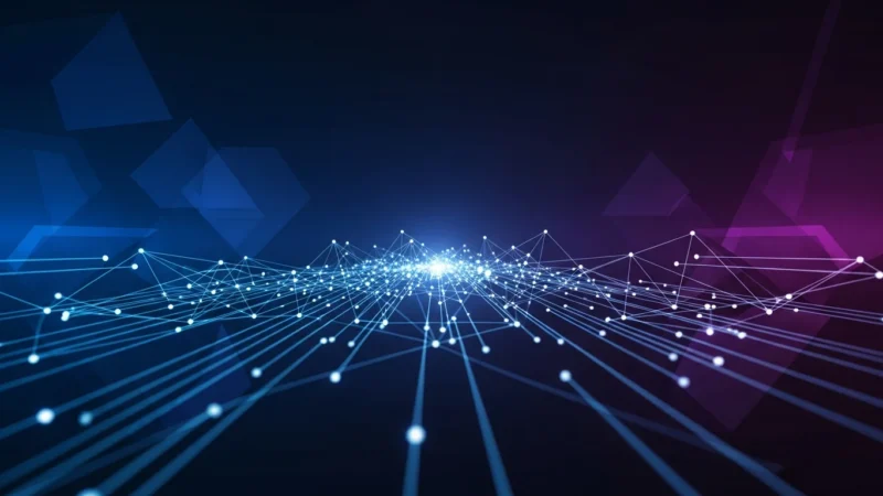 powerpoint technology background 2 Abstract digital network visualization with interconnected glowing blue and purple nodes and lines.