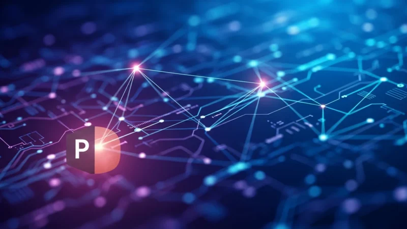 powerpoint technology background 3 Digital network concept with interconnected nodes and a glowing "P" icon on a circuit board background.