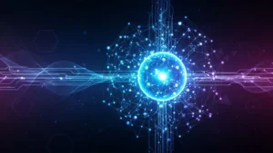 Glowing blue and purple digital network sphere with interconnected nodes and flowing circuit lines.