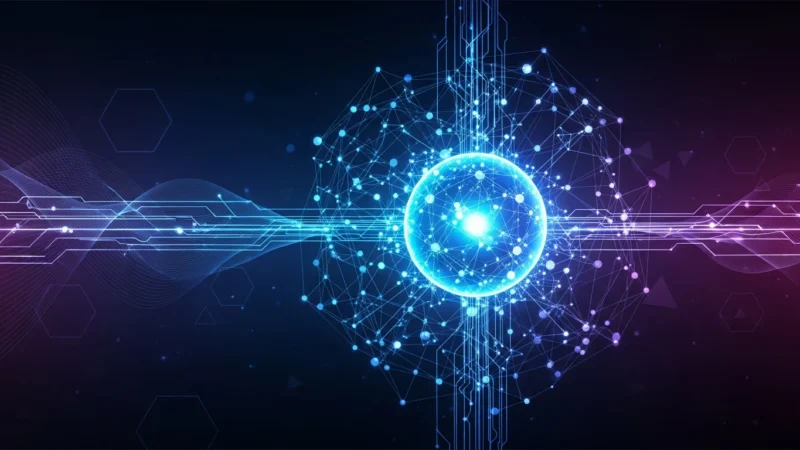 Glowing blue and purple digital network sphere with interconnected nodes and flowing circuit lines.