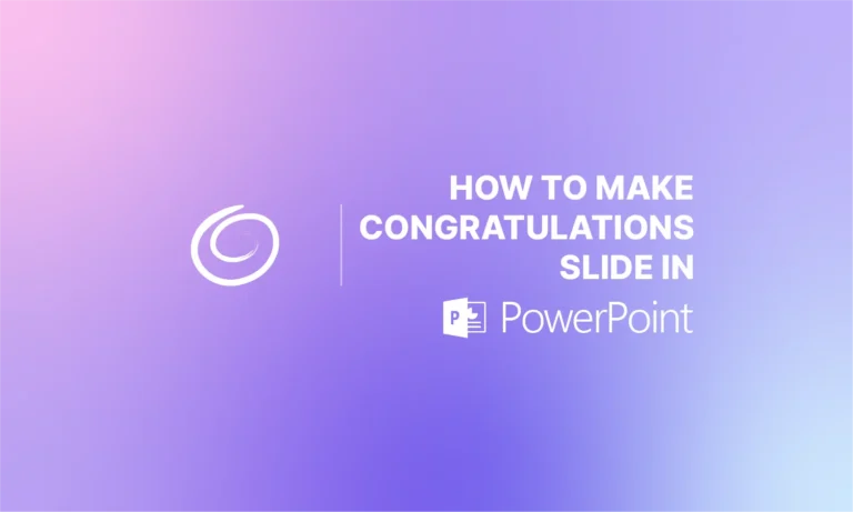 Gradient purple and pink background with white text "How to make congratulations slide in PowerPoint" and a swirl logo.