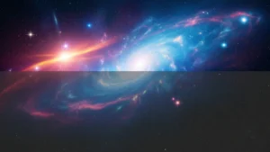 Vibrant spiral galaxy with blue and pink hues, glowing stars, and cosmic dust in space.