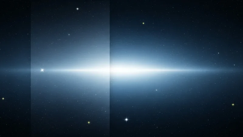 Bright horizontal light beam across dark starry space with scattered glowing stars.