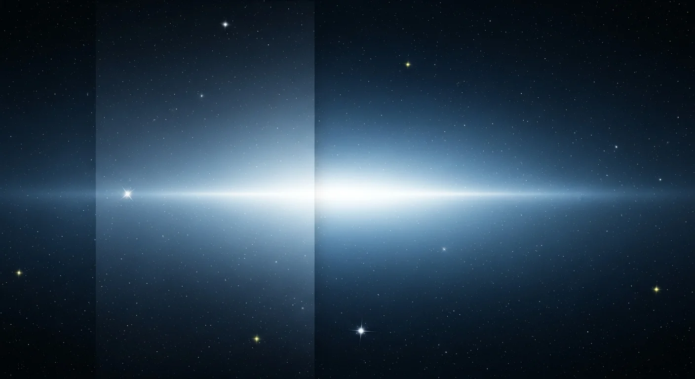 Bright horizontal light beam across dark starry space with scattered glowing stars.