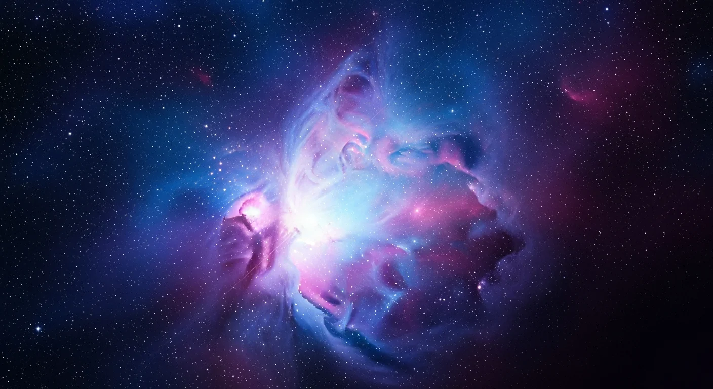 Vibrant purple and blue nebula surrounded by numerous bright stars in deep space.