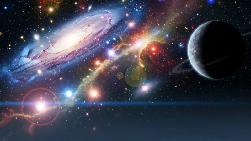 Vibrant cosmic scene featuring a spiral galaxy, colorful nebula, bright stars, and a ringed planet.