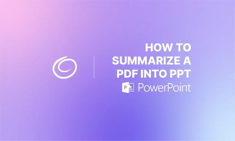 Gradient purple and pink background with white text reading "How to summarize a PDF into PPT" and PowerPoint logo.