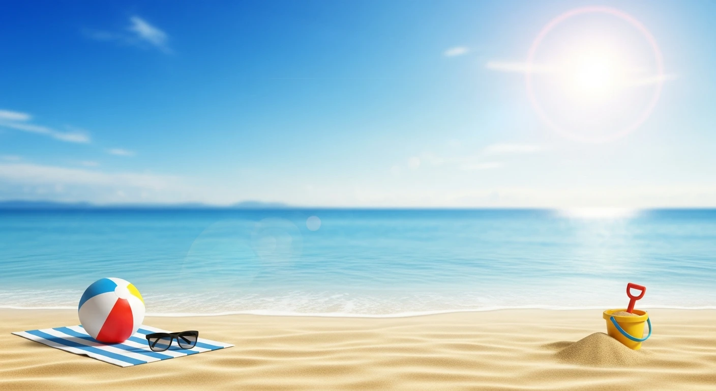 Sunny beach scene with a colorful beach ball, sunglasses, bucket, and shovel on sand.
