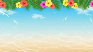 Tropical beach scene with blue sky, palm leaves, colorful hibiscus flowers, and flying seagulls.