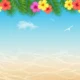 Tropical beach scene with blue sky, palm leaves, colorful hibiscus flowers, and flying seagulls.