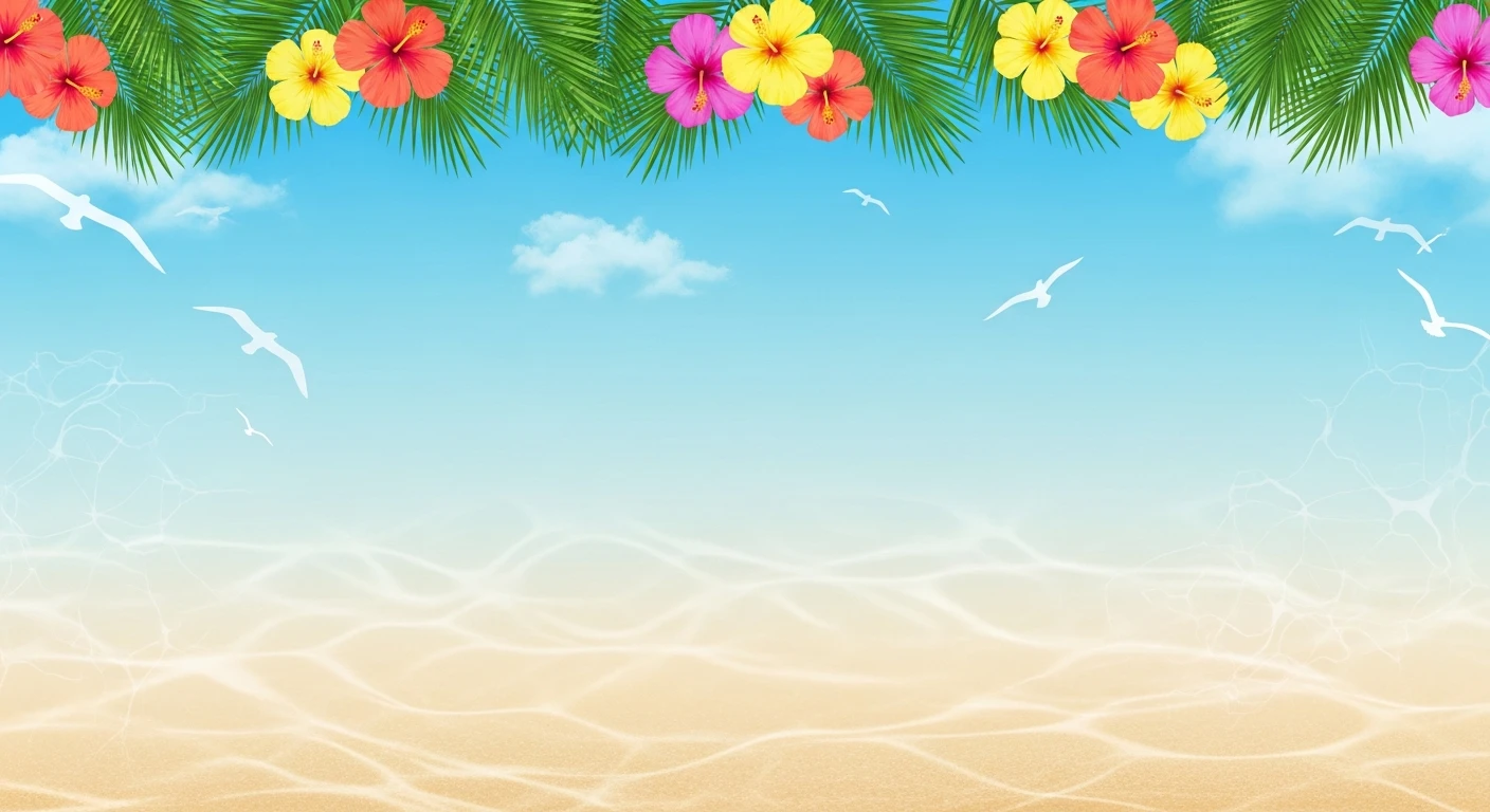 Tropical beach scene with blue sky, palm leaves, colorful hibiscus flowers, and flying seagulls.
