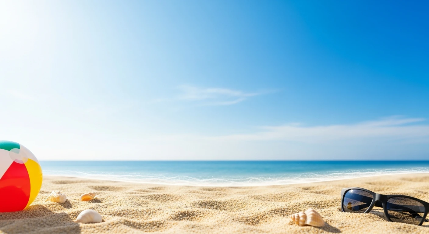 Sandy beach with seashells, colorful beach ball, and black sunglasses under clear blue sky.
