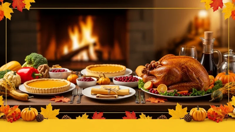 Thanksgiving dinner table with roasted turkey, pumpkin pies, cranberries, and autumn decorations.