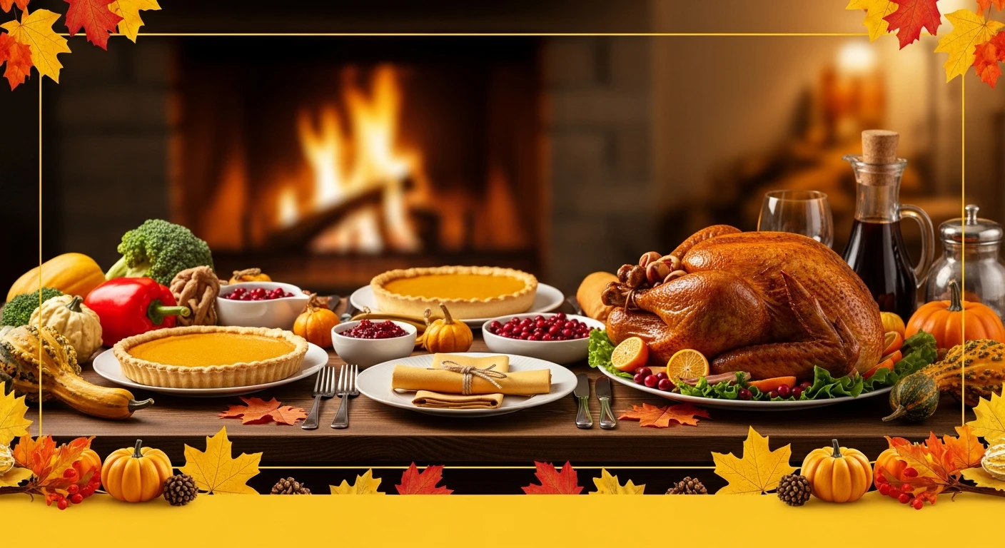 Thanksgiving dinner table with roasted turkey, pumpkin pies, cranberries, and autumn decorations.
