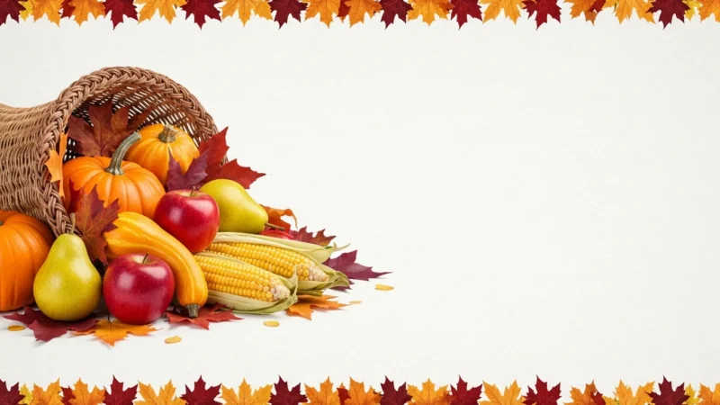 Wicker cornucopia with pumpkins, apples, pears, corn, and autumn leaves on white background.